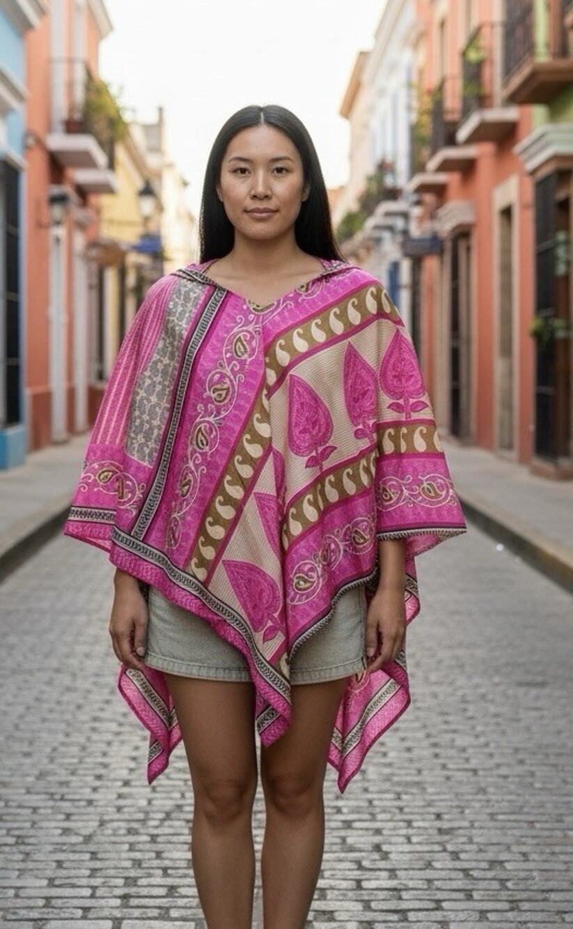 Darn Good Recycled Silk Blend Hooded Poncho Pink Paisley Boho Hippie One Size R